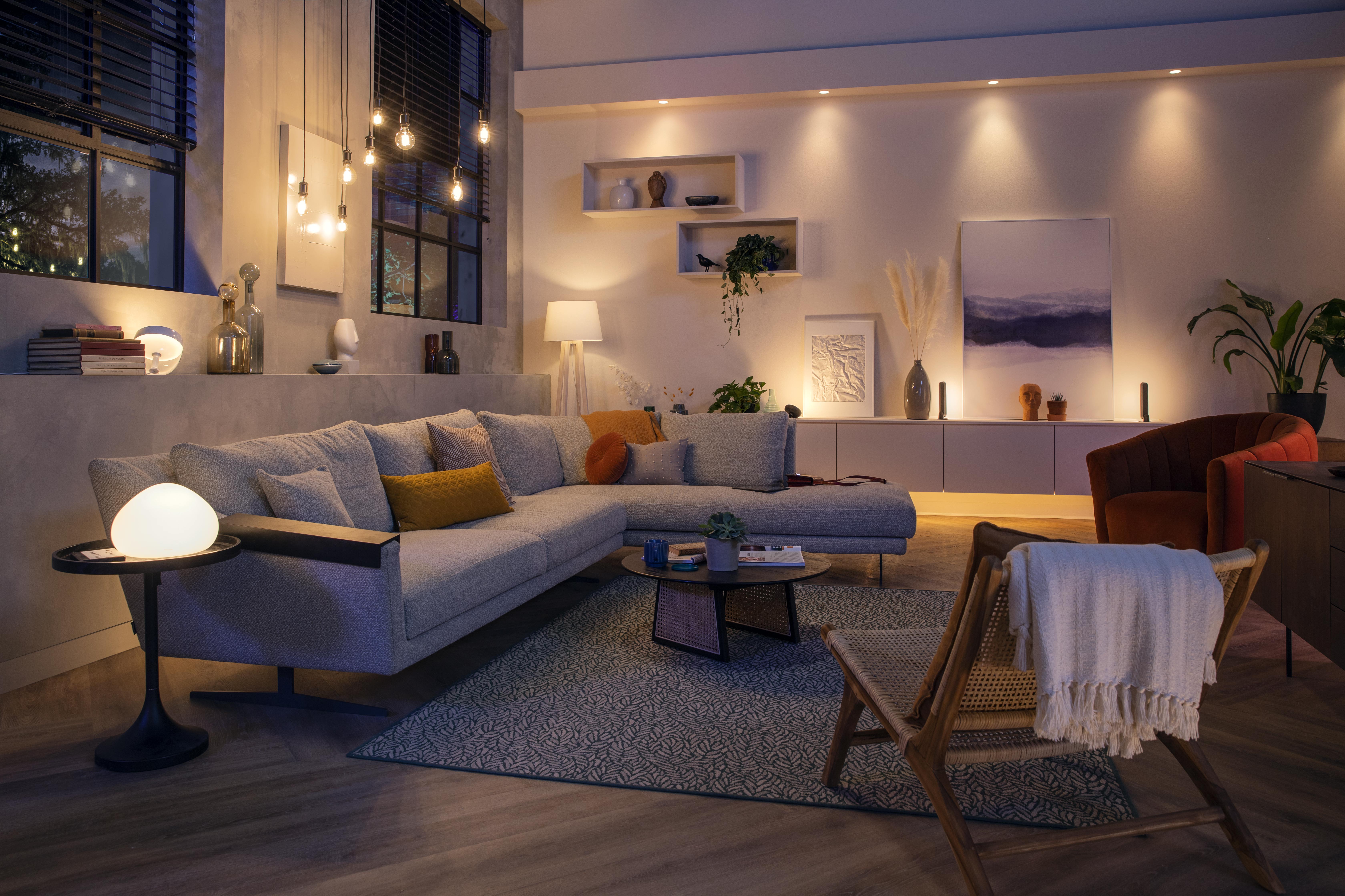 Illuminazione d'atmosfera con Philips Hue in un soggiorno